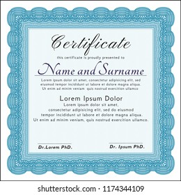 Light blue Certificate or diploma template. With great quality guilloche pattern. Modern design. Detailed. 