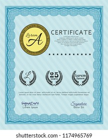 Light blue Certificate or diploma template. Easy to print. Detailed. Good design. 