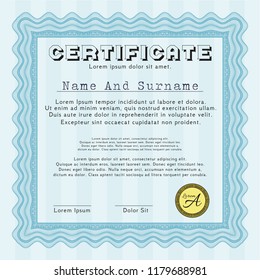 Light blue Certificate or diploma template. Artistry design. Printer friendly. Vector illustration. 