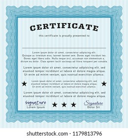 Light blue Certificate or diploma template. Lovely design. With background. Detailed. 