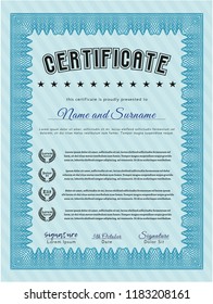 Light blue Certificate or diploma template. Complex background. Money style design. Detailed. 