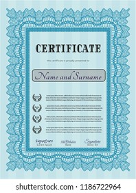 Light blue Certificate or diploma template. With complex linear background. Detailed. Nice design. 
