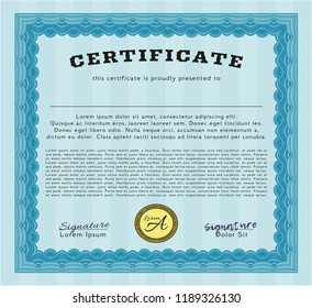Light blue Certificate or diploma template. Elegant design. Vector illustration. Complex background. 