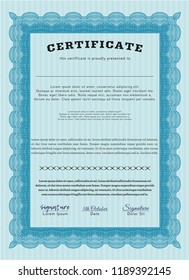 Light blue Certificate or diploma template. With guilloche pattern and background. Good design. Detailed. 