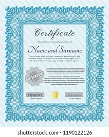 Light blue Certificate or diploma template. With quality background. Artistry design. Vector illustration. 