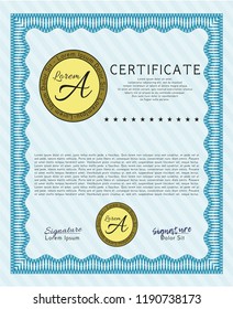 Light blue Certificate or diploma template. Money style design. Detailed. With complex linear background. 