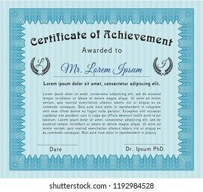 Light blue Certificate or diploma template. Customizable, Easy to edit and change colors. With guilloche pattern. Modern design. 