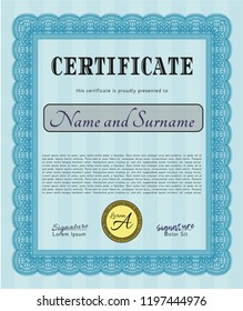 Light blue Certificate or diploma template. Customizable, Easy to edit and change colors. With guilloche pattern. Good design. 