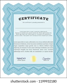 Light blue Certificate or diploma template. Vector illustration. Easy to print. Money Pattern design. 