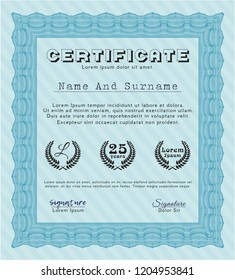 Light blue Certificate or diploma template. With guilloche pattern and background. Lovely design. Detailed. 
