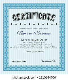 Light blue Certificate or diploma template. With complex background. Beauty design. Vector illustration. 