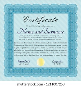 Light blue Certificate or diploma template. With guilloche pattern. Vector illustration. Beauty design. 