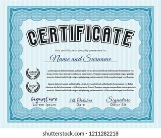 Light blue Certificate or diploma template. Detailed. With great quality guilloche pattern. Artistry design. 