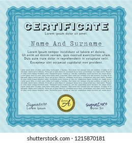 Light blue Certificate or diploma template. Money Pattern. With complex linear background. Detailed. 