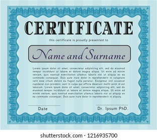 Light blue Certificate or diploma template. Excellent design. Vector illustration. With complex background. 