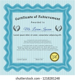 Light blue Certificate or diploma template. Money design. Vector illustration. Complex background. 
