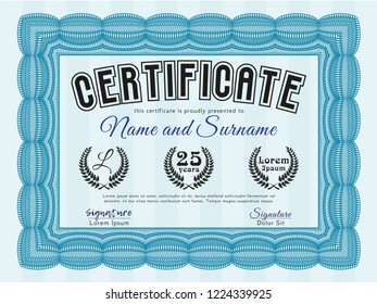 Light blue Certificate or diploma template. Easy to print. Customizable, Easy to edit and change colors. Cordial design. 