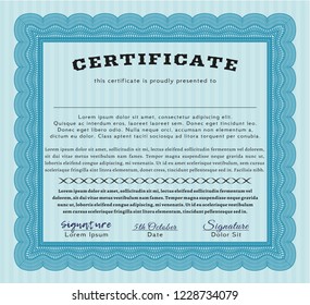 Light blue Certificate or diploma template. With complex linear background. Beauty design. Detailed. 