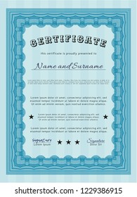 Light blue Certificate or diploma template. Complex background. Money style design. Customizable, Easy to edit and change colors. 