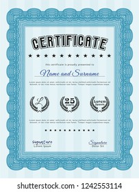 Light blue Certificate or diploma template. Superior design. With guilloche pattern and background. Detailed. 
