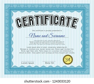 Light blue Certificate or diploma template. With complex linear background. Customizable, Easy to edit and change colors. Lovely design. 