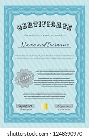 Light blue Certificate or diploma template. With linear background. Detailed. Good design. 