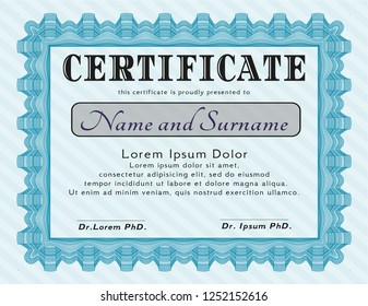 Light blue Certificate or diploma template. Detailed. With linear background. Modern design. 