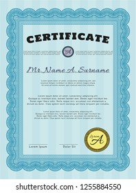 Plantilla de diploma o certificado azul claro. Excelente diseño. Con patrón guilloche. Detallado. 