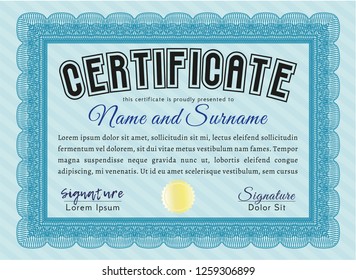 Light blue Certificate or diploma template. With linear background. Perfect design. Vector illustration. 