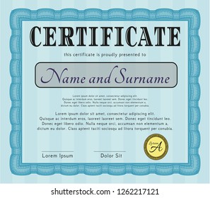 Light blue Certificate or diploma template. Sophisticated design. Detailed. Easy to print. 