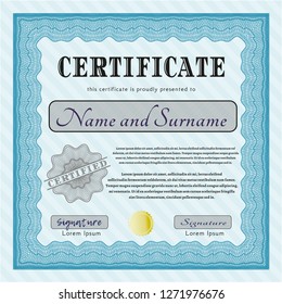 Light blue Certificate or diploma template. Complex background. Detailed. Good design. 