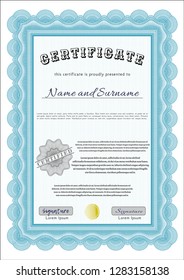 Light blue Certificate or diploma template. Money Pattern. Customizable, Easy to edit and change colors. With great quality guilloche pattern. 