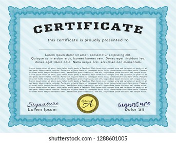 Light blue Certificate or diploma template. Easy to print. Customizable, Easy to edit and change colors. Money Pattern. 
