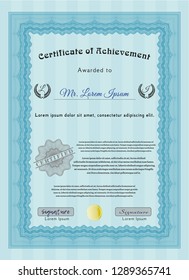 Light blue Certificate or diploma template. With linear background. Detailed. Beauty design. 