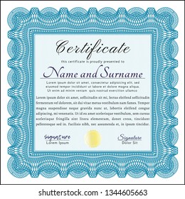 Light blue Certificate or diploma template. Beauty design. With complex background. Detailed. 