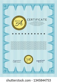 Light blue Certificate or diploma template. Sophisticated design. With linear background. Detailed. 