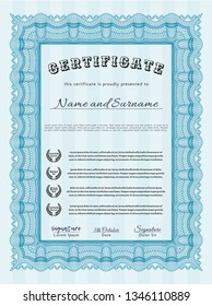 Light blue Certificate or diploma template. Lovely design. With linear background. Customizable, Easy to edit and change colors. 