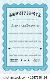 Light blue Certificate or diploma template. Complex background. Detailed. Nice design. 