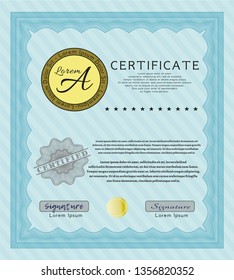 Light blue Certificate or diploma template. Superior design. Complex background. Customizable, Easy to edit and change colors. 