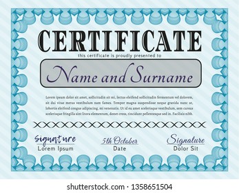Light blue Certificate or diploma template. Easy to print. Superior design. Detailed. 