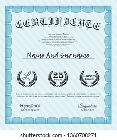 Light blue Certificate or diploma template. Artistry design. With guilloche pattern and background. Customizable, Easy to edit and change colors. 
