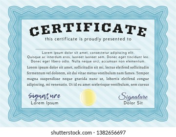 Light blue Certificate or diploma template. With complex background. Detailed. Beauty design. 