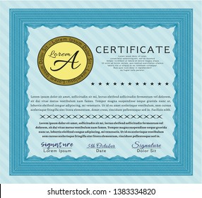 Light blue Certificate or diploma template. Vector illustration. With complex linear background. Excellent design. 