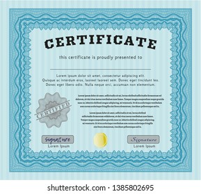 Light blue Certificate or diploma template. Excellent design. Detailed. With linear background. 