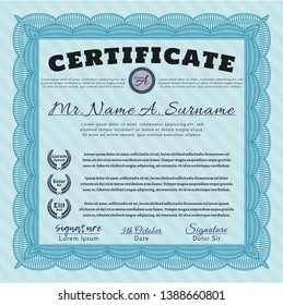 Light blue Certificate or diploma template. Complex background. Modern design. Detailed. 