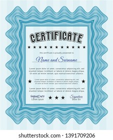 Light blue Certificate or diploma template. Vector illustration. With background. Cordial design. 