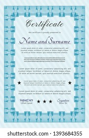 Light blue Certificate or diploma template. With linear background. Detailed. Cordial design. 