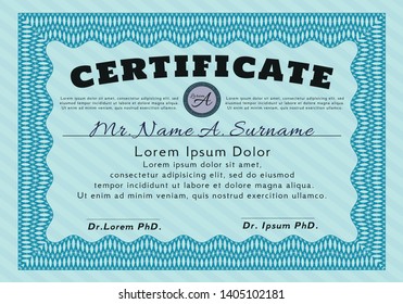 Light blue Certificate or diploma template. Superior design. With complex background. Detailed. 