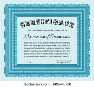 Light blue Certificate or diploma template. Easy to print. Lovely design. Vector illustration. 