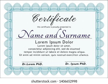 Light blue Certificate or diploma template. With great quality guilloche pattern. Customizable, Easy to edit and change colors. Elegant design. 